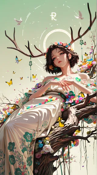 A fantasy-themed girl with deer antlers reclines on a broken tree branch, adorned with a floral crown, pastel dress, butterflies, and surrounded by birds and colorful flowers.