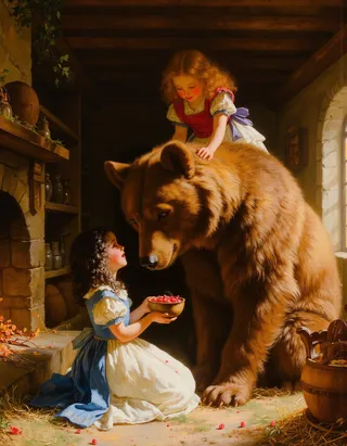 Oil painting of two young sisters playing joyfully with a large gentle bear inside a warm, rustic medieval cottage, illuminated by soft Rembrandt lighting.