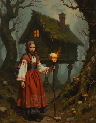 A young girl dressed in a traditional Russian peasant dress stands in a shadowy Slavic forest holding a wooden staff topped with a glowing skull. Behind her is Baba Yaga's moss-covered chicken-legged hut surrounded by twisted trees and mist.