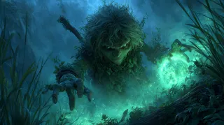 A mystical swamp mage with leafy, moss-covered skin reaches forward in a dark, foggy forest while conjuring a glowing green magical orb.