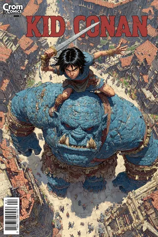 Kid Conan riding a massive blue troll wielding a sword, amidst a densely packed fantasy city with medieval architecture from a top-down view.