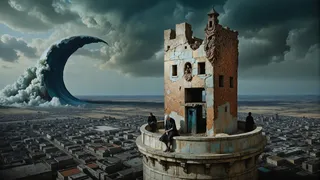 A surreal tritone digital image showing a crumbling ancient stone tower with classical columns overlooking a vast derelict modern city, with a Scottish platoon in punk robes seated on the tower's circular platform. A massive tsunami looms in the distance under a stormy sky.