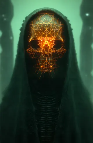 Close-up of a sci-fi humanoid figure wearing a dark green hooded cloak, its face replaced by a glowing orange geometric skull design with intricate symmetrical lines, set against a soft green misty background.