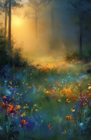 A dreamy, ethereal forest meadow at sunrise bathed in soft misty light with colorful wildflowers in the foreground and tall, slender trees illuminated by warm light.