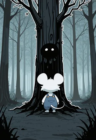 Digital illustration of a white furry mouse girl in overalls standing before a large dark tree in a misty forest, with a shadowy creature looming on the tree trunk.