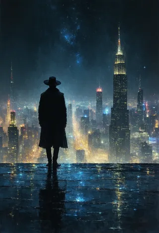 A solitary figure in a wide-brimmed hat stands silhouetted against a glowing cityscape at night, with a reflective wet surface beneath and a starry sky above.