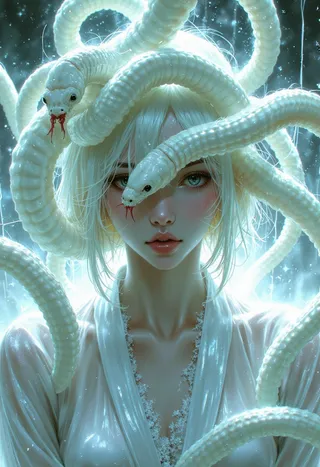 A pale woman with short white hair wearing a transparent white lace robe, partially obscured by large, shiny white worms with textured bodies, set against a glowing white background.