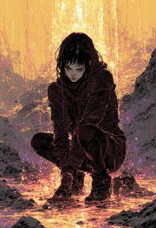 A punk-styled dominatrix squatting in a glowing bioluminescent abyssal landscape illuminated by warm ochre and crimson light with pointillist and brushstroke details.