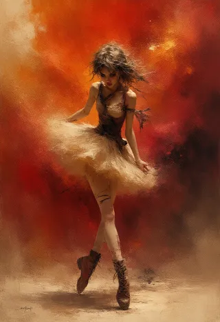 A punk ballerina with a ripped tutu and combat boots, standing against a warm nebula-like background painted in impasto and pointillist styles.