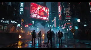 Dark cyberpunk alley in the undercity with armed rebels in cyber-armor standing near burning barricades under neon signs and holographic advertisements, rain pouring, and drones scanning above.