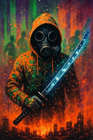 A dark faceless figure in a blazing orange hoodie wearing a gas mask and holding a glowing katana stands in a burning city background, rendered in vibrant spray paint style.