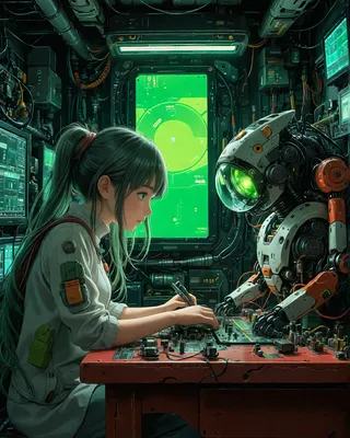 Anime girl with green ponytail repairing a broken robot on a cluttered workbench in a high-tech room filled with holographic monitors and detailed machinery.