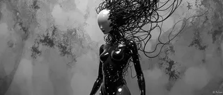 A glossy black futuristic humanoid figure blends organic and mechanical elements, with elongated fingers, illuminated circuitry, and tangled wires extending from its head, set against a muted dystopian background.