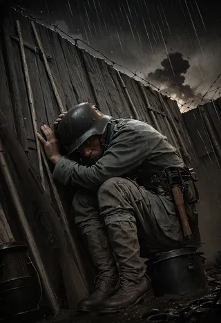 WW1 German soldier crouched in fetal position inside a muddy trench at night under rain, wearing a stahlhelm and soaked uniform, with barbed wire and artillery explosion in the background.