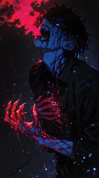 A man with black hair and glowing blue eyes screams in agony, clutching his bloody chest with blood dripping from his claws against a dark background with red smoke.