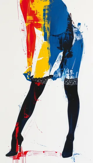Abstract painting featuring a bent-down woman’s silhouette pulling dark nylon stockings with lace hems, rendered in a light-dark style with 3D textured brush strokes in white, yellow, blue, and red.