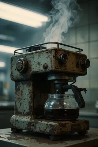 A rusty, malfunctioning coffee maker spewing artificial steam with its robotic arm twitching, sitting on a stained countertop under flickering fluorescent lights.