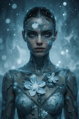 A detailed portrait of a woman in frostpunk fashion with glacial blue tones, intricate biomorphic dot patterns, and ethereal lighting highlighting snowy, floral decorations on her body and face.