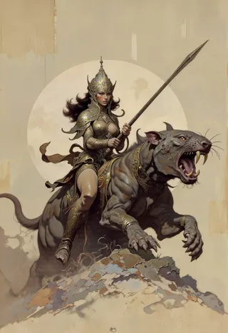 Highly detailed digital painting of a female warrior in ornate armor wielding a spear, riding a large rat-like monster with big teeth and glowing eyes, styled with Rembrandt and Vermeer realism.