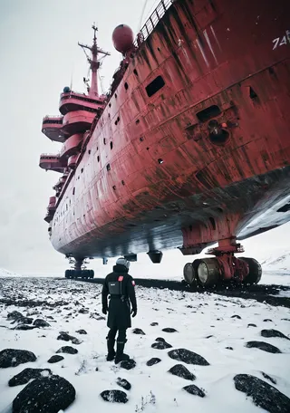 A massive weathered futuristic carrier ship levitates above a snowy, rocky tundra. A figure dressed in black winter gear stands facing the ship under a cloudy sky.