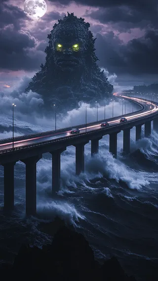 Giant sea creature with glowing yellow eyes emerging from stormy dark ocean beneath a coastal bridge at night, illuminated by moonlight and surrounded by crashing waves.