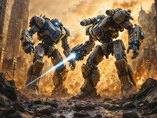 Two large mecha robots engaged in a fierce battle amid a destroyed city with debris and fire under an orange sky.