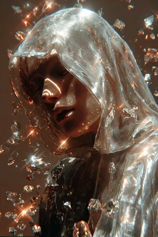 Realistic character with eyes closed wrapped in a mantle of soft crystal shards that float around the body, refracting beams of light creating a magical, fragile, and surreal atmosphere.