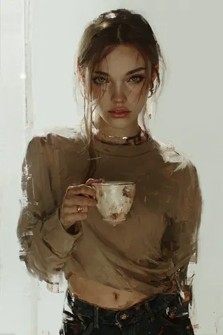 Realistic portrait of a woman wearing a casual sweater and jeans, holding a cup of tea near a window with soft daylight on her face.