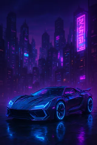 A sleek cyberpunk car with dark neon blue and purple accents, featuring glowing wheels and angular metallic surfaces, parked in front of a neon-lit futuristic cityscape at dusk.