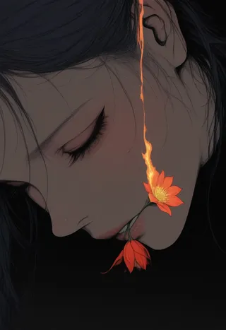Close up portrait of a woman with closed eyes holding an orange flower bud in her mouth with fire emerging from it, set against a dark background.