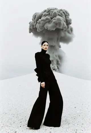 Tall slender woman in a high-neck black long-sleeve gown with wide flowing trousers and an asymmetrical ruffle detail, standing against a monochromatic background with a large black smoke cloud behind her.