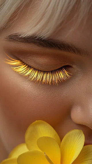 Extreme close-up macro photograph of a serene young woman with platinum blonde hair, closed eyes with glowing golden eyelashes, and a vibrant yellow flower near her face.