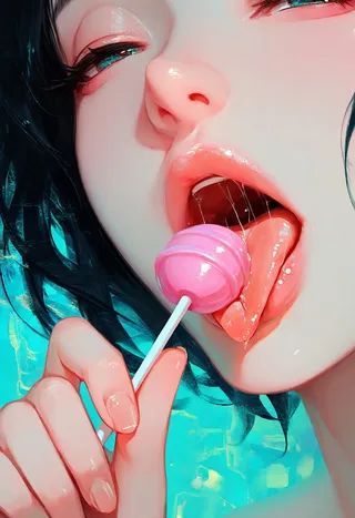 Close-up of a girl with half-closed eyes licking a pink lollipop, with glossy lips and visible saliva strands, aqua background behind