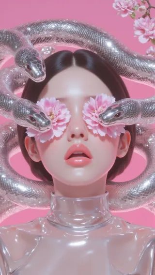 Close-up of a woman's face adorned by shiny metallic snakes and pink flowers covering her eyes, set against a vibrant pink background.