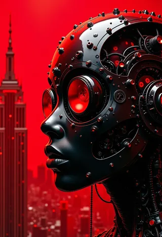Close-up side view of a black and red biopunk robotic face with detailed mechanical eyes and intricate cybernetic components against a red dystopian city background.