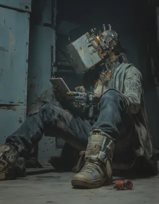 A mechanical, child-like robot with a boxy head, brass components, and dark, textured clothes sits on a concrete floor against a teal-gray wall in low light, holding a tablet device.