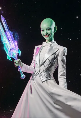 A photorealistic female alien princess with green skin wearing an elegant white tuxedo gown with silver geometric accents, holding a glowing translucent galactic weapon, set against a starry space background.