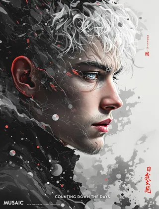 Digital portrait of a young white man with white hair and blue eyes, featuring a dynamic and abstract design used as a new wave music album cover.