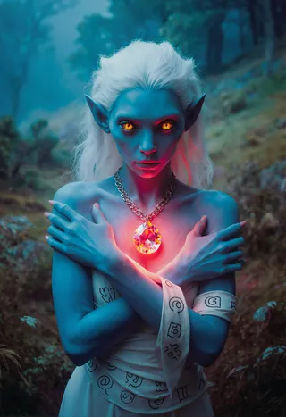 Blue-skinned anthropomorphic female with white hair and glowing amber eyes, holding a bright red gem necklace that illuminates her chest and runic symbols on fabric against a forest backdrop.