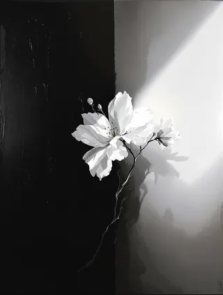 Impasto oil painting featuring a delicate white flower with thin branches, centered on a canvas split between abyss black and stark white, with heavy brush textures and dramatic shadows.