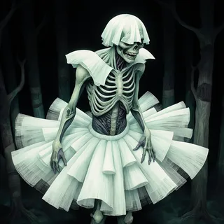 Skeleton-like zombie figure wearing a large pale tutu and matching headpiece, with pale lobes of differing sizes, standing in a dark forest.
