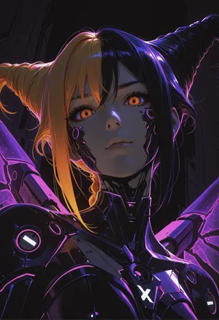 A cyberpunk woman with Jinx inspired two-tone hair, glowing orange eyes and mechanical wings. She has cybernetic facial details and is set against a dark, dimly lit background with purple and orange complementary lighting.