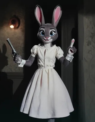 Anthropomorphic cute bunny character with bunny ears wearing a white dress indoors with rim lighting, holding and pointing a revolver.