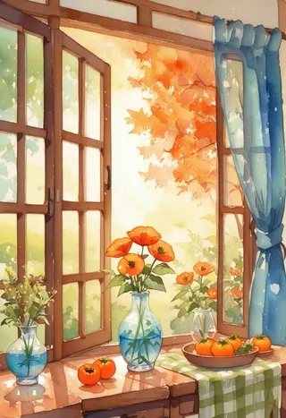 Watercolor painting of a still life featuring orange poppies and green flowers in clear glass vases on a wooden table near an open window with blue curtains and green gingham cloth.