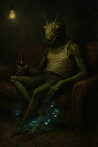 Detailed dark fantasy portrait of a humanoid grasshopper man wearing a tank top, sitting on a couch, drinking a beer, and rubbing his crossed legs to create glowing musical notes.