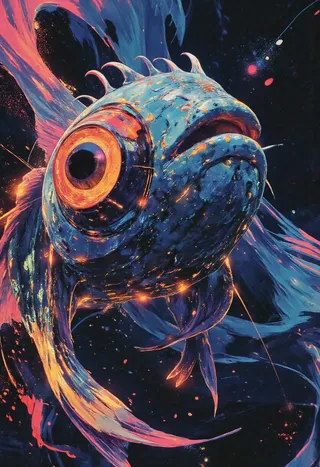 A fantastical fish head with large, reflective eyes and iridescent, vibrant scales and fins, rendered in moody blues and glowing warm highlights in a surreal digital art style.