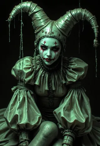 Un costume da drag queen agghiacciante con un cappello da giullare strappato e maniche a sbuffo esagerate, con un volto simile a una bambola segnato da lacrime di trucco rosso, ambientato in un'atmosfera gotica oscura.