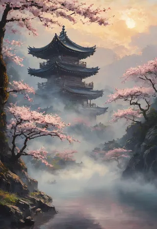 Oil painting of a misty Asian landscape featuring a traditional pagoda surrounded by blooming cherry blossoms and sakura trees under soft sunlight filtered through fog.