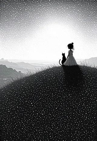 A silhouette of a little girl in a white dress sitting beside a black cat on a hill, depicted with digital pointillism, under a monochrome sunset sky.