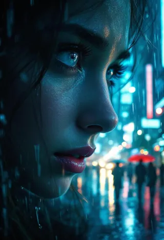 Close-up photorealistic portrait of a young woman with vivid blue eyes and tears glowing under soft light, blending seamlessly into a rainy metropolitan cityscape lit by neon lights.